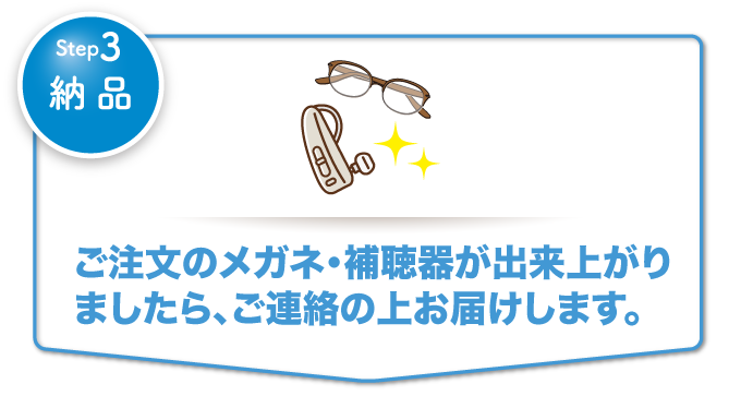 [Step1納品]ご注文のメガネ・補聴器が出来上がりましたら、ご連絡の上お届けします。