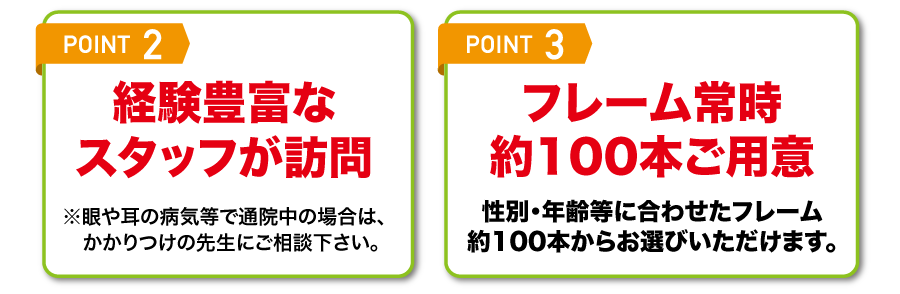 [Point2]経験豊富なスタッフが訪問　[Point3]フレーム常時約100本ご用意