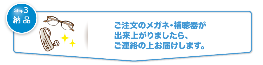 [Step1納品]ご注文のメガネ・補聴器が出来上がりましたら、ご連絡の上お届けします。